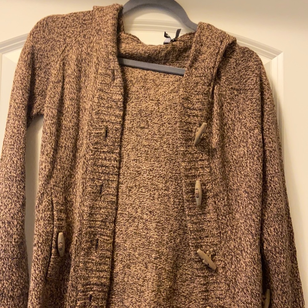 Brown cardigan with bottoms and a hood